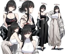 1girls absurdres alternate_costume bare_shoulders black_hair black_jacket black_pants blue_archive breasts bright_pupils chinese_commentary cleavage commentary english_commentary female full_body grey_pants hair_ornament hairclip halo high_heels highres jacket korean_commentary large_breasts long_hair long_sleeves looking_at_viewer mixed-language_commentary multiple_views open_mouth pants parted_lips red_eyes rio_(blue_archive) shigure_s shoulder_tattoo simple_background standing tattoo white_background white_pupils