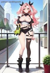 1girl ai_generated black_footwear black_jacket black_shorts boots breasts_out crop_top cropped_jacket day detached_collar doll full_body fur-trimmed_shorts green_eyes hand_up looking_to_the_side midriff mugenshi nicole_demara nipples o-ring outdoors patreon_username pink_hair reward_available self_upload short_shorts single_sock single_thighhigh sky solo stuffed_animal thigh_strap torn_legwear tube_top zenless_zone_zero
