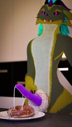 4k 9:16 absurd_res anthro bodily_fluids cum cum_drip dessert doughnut dripping ejaculation erection food food_fetish food_play genital_fluids genitals hi_res male nox_dragon nude pastry penis sivac_(nox_dragon) sivacafterdark solo