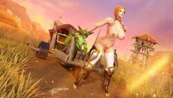 3d blizzard_entertainment blonde_female blonde_hair cart chains choker female goblin goblin_male gold_jewelry green_cock horde horde_domination horde_symbol horde_tattoo horse_girl human human_female legwear legwear_only looking_at_viewer makeup male nipple_piercing nipples nude_female nude_male oc penis pubic_tattoo pulling_carriage red_lipstick slavery tattoo whipping world_of_warcraft