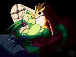 2_fingers 3_fingers 4:3 absurd_res ambiguous_gender bed bedding belly_on_belly blanket bright_light brown_body clothing eye_contact feet female female_(lore) feral fingers flygon flygon_(artist) furniture generation_1_pokemon generation_3_pokemon green_body hand_on_foot hat headgear headwear hi_res light light_beam looking_at_another male male/ambiguous moonbeam moonlight nintendo pillow pokemon pokemon_(species) sandslash sex spread_legs spreading tongue tongue_out yellow_body