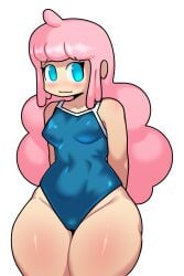2025 aged_up ahoge blue_eyes blue_swimsuit blush breasts cloud_(friday_night_funkin) creamymilkshake female friday_night_funkin friday_night_funkin_mod one-piece_swimsuit pink_hair reupload self_upload skintight small_breasts swimsuit thick_thighs