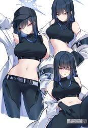 1girls absurdres artist_name black_gloves black_hair black_pants blue_archive blue_eyes blue_hair blue_halo blush breasts closed_mouth coat colored_inner_hair commentary contrapposto crop_top female gloves halo hand_on_own_crotch hat highres large_breasts long_hair long_sleeves looking_at_viewer midriff multicolored_hair multiple_views navel nose_blush off_shoulder open_clothes open_coat pants peaked_cap qr_code saori_(blue_archive) shigure_s simple_background stomach tsurime watermark web_address white_background white_coat