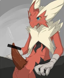 1boy 2014 anthro beak blaziken blush censored claws cum cum_on_penis cumshot erection feathers fur looking_down male male_only mega_blaziken mega_evolution nintendo nude open_mouth orgasm penis pokemon pokemon_(species) redyth sharp_claws sitting solo spread_legs spreading