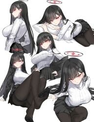 1girls absurdres black_hair black_jacket black_pantyhose black_skirt blue_archive breasts closed_mouth feet female hair_ornament hairclip halo highres jacket large_breasts long_hair long_sleeves looking_at_viewer lying multiple_views open_clothes open_jacket pantyhose parted_lips pillow pleated_skirt red_eyes rio_(blue_archive) shigure_s simple_background skirt smile soles sweater sweater_tucked_in thighband_pantyhose thighs turtleneck turtleneck_sweater white_background white_sweater