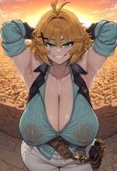 1girls ai_generated alternate_version_available areola areolae_visible_through_clothing armpits arms_up breasts cleavage clothed clothed_female clothing collarbone dokibird female green_eyes huge_breasts meteor95 nipples_visible_through_clothing no_bra outdoors outside pants see-through see-through_clothing see-through_top smile smiling smug solo standing sweat sweatdrop sweating sweaty_armpits thick_thighs thighs tight_clothing tight_pants virtual_youtuber white_pants yellow_hair