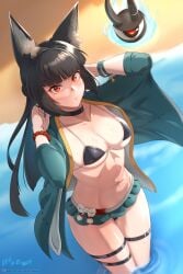 1girls 1other absurdres alternate_costume ambiguous_gender animal_ear_fluff animal_ears aqua_bikini aqua_jacket arms_up artist_name beach belt bikini bikini_skirt black_bikini black_choker black_hair blunt_bangs blunt_ends bracelet breasts choker cleavage closed_mouth collarbone commentary_request cowboy_shot dutch_angle female fox_ears fox_girl frown half_updo highres hoshimi_miyabi jacket jewelry large_breasts light_blush long_hair looking_at_viewer mismatched_bikini multiple_thigh_straps navel ocean open_clothes open_jacket outdoors paid_reward_available patreon_logo patreon_username red_eyes signature solo_focus stomach swimsuit tailless_(zenless_zone_zero) thigh_belt thigh_strap three-quarter_sleeves toned toned_female variant_set vilde_loh_hocen wading watermark web_address zenless_zone_zero