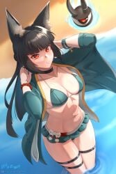1girls 1other absurdres alternate_costume ambiguous_gender animal_ear_fluff animal_ears aqua_bikini aqua_jacket arms_up artist_name beach belt bikini bikini_skirt black_choker black_hair blunt_bangs blunt_ends bracelet breasts choker cleavage collarbone commentary_request cowboy_shot dutch_angle female fox_ears fox_girl grin half_updo highres hoshimi_miyabi jacket jewelry large_breasts light_blush long_hair looking_at_viewer multiple_thigh_straps navel ocean open_clothes open_jacket open_mouth outdoors paid_reward_available patreon_logo patreon_username red_eyes signature smile solo_focus stomach swimsuit tailless_(zenless_zone_zero) thigh_belt thigh_strap three-quarter_sleeves toned toned_female variant_set vilde_loh_hocen wading watermark web_address zenless_zone_zero