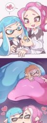 bigger_pred female giantess giantess_pred giantess_vore heart inkling inkling_girl macro micro micro_prey multiple_preds octoling octoling_girl prey_transfer scared scared_expression size_difference smaller_prey soft_vore splatoon tongue tongue_kiss vore yuri