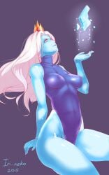 2015 adventure_time blue_skin blue_theme breasts cartoon_network crown erect_nipples female hair ice ice_power ice_queen_(adventure_time) iri-neko large_breasts leotard long_hair nipples rule_63 sitting solo white_eyes white_hair