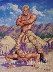 army army_uniform big_penis blonde_hair boots dog_tags dominant dominant_male domination gay gay_art gay_domination gay_male gay_sex homosexual long_penis male_only marc_debauch masculine_male military military_pants military_uniform muscles muscular muscular_male peeing pissing_on_another submissive submissive_male training urine urophilia vintage watersports