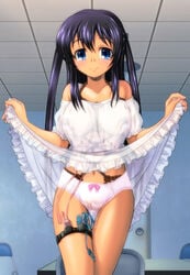 aniki-fx black_hair blue_eyes blush bondage breasts captain_earth clothing dress dress_lift female highres long_hair looking_at_viewer mutou_hana nipple_vibrator panties pussy_juice rope see-through see-through_clothing smile solo thigh_strap underwear vibrator vibrator_under_panties