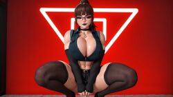 1girls 3d 3d_(artwork) abs ai ai_generated armwarmer armwarmers armwear belt big_breasts black_lips black_lipstick brown_hair brown_hair busty cleavage crop_top cropped_jacket glasses gloves goth goth_girl highres low-angle_view madz(oc) muscular_female perfect_body pleated_skirt preview radnsad red_eyes short_skirt skirt squat squatting sweat sweatdrop sweating sweaty sweaty_body thick_legs thick_thighs thighhighs viewed_from_below wallpaper