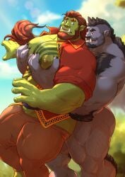2023 absurd_res alternate_version_at_source areola balls black_hair blue_eyes body_hair bottomwear bottomwear_pull boz_(theorcbard) brown_eyes bulge chest_tattoo clothed clothing clothing_pull dark-skinned_male dark_skin day detailed_bulge duo gay genital_outline genitals green-skinned_male green_areola green_body green_nipples green_skin grey_body grey_skin grisser hair hairy hairy_balls hi_res male male/male muscular muscular_male nipples nude open_clothing open_shirt open_topwear orange_hair orc orc_male outdoors outside pants pants_pull pec_grab pecs penis penis_base penis_outline shirt tattoo topwear tusks