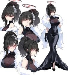 1girls absurdres alternate_costume alternate_hairstyle bare_shoulders black_dress black_gloves black_hair black_lips blue_archive breasts cropped_torso dress earrings evening_gown feather_boa female flower full_body gloves hair_flower hair_ornament hairclip halo high_ponytail highres jewelry large_breasts multiple_views parted_lips ponytail red_eyes rio_(blue_archive) shigure_s wide_ponytail