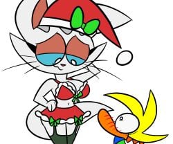 2024 anthro beak blue_sclera blush bottomwear bow_ribbon bra breasts carlota_michimiau cat_tail christmas christmas_clothing christmas_headwear cleavage clothed clothing digital_media_(artwork) dinosaur domestic_cat duo eyelashes felid feline felis female gesture hand_on_head hand_on_hip hat headgear headwear hi_res holidays jdone leggings legwear male mammal michi_guau navel prehistoric_species rayoshi_(jdone) red_bra red_clothing red_underwear reptile ribbons santa_hat scalie simple_background size_difference skirt smile suggestive suggestive_gesture tail underwear whiskers white_background white_body white_eyes