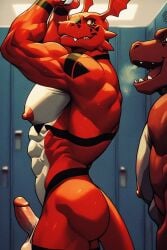 ai_generated anthro ass balls digimon digimon_(species) furrypornaddiction guilmon locker_room male muscular muscular_male penis saggy_balls six_pack small_penis