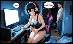 1boy 1futa age_difference ai_generated big_breasts big_penis black_hair blue_light bottomless busty caught caught_masturbating cleavage clothed_male_nude_female common_sense_change cum cumshot dark_room daughter egirl eyebags family father father_and_daughter female fully_clothed_male futanari gamer_girl gooner goonette gooning home huge_cock inappropriate_behavior indifferent indoors jerking jerkingoff large_breasts large_penis masturbation messy messy_hair monitor no_bra no_panties older_male_and_younger_female orgasm partially_clothed partially_clothed_female pubic_hair rgb_lighting smile speech_bubble sussychan sweat talking talking_to_another tank_top teenage_girl teenager text text_bubble veiny_penis watching watching_masturbation watching_porn