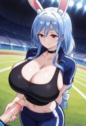 1boy 1girls 2025 ai_generated alternate_version_available big_breasts biggut black_top black_topwear blue_hair braid breasts bunny_ears bunny_girl chocker cleavage cum cum_between_breasts cum_on_breasts erect_penis erection female hololive huge_breasts large_breasts male mature mature_female milf pekomama penis top topwear virtual_youtuber