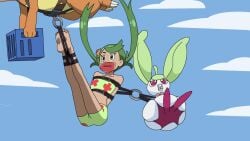 1girls arms_behind_back bare_shoulders barefoot bondage bondage bound captured charizard flying gag gagged green_eyes green_hair green_swimsuit helpless in_air leather_straps long_hair mallow_(pokemon) neo123alex12093 pokemon pokemon_(species) restrained steenee straps suspension suspension_bondage swimsuit tape_gag tied_up