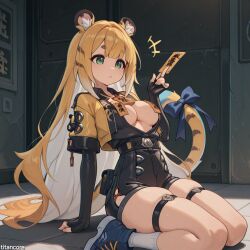 (titancore) ai_generated animal_humanoid breasts breasts_out clothing covered_nipples cute female green_eyes jacket ju_fufu kneeling monster_girl ribbon single_girl small_breasts tiger_ears tiger_girl tiger_stripes tiger_tail video_game_character zenless_zone_zero