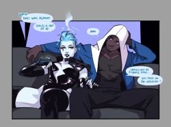 1boy 1girls after_sex black_lightning black_lightning_(series) clothed comic_page dc_comics dialogue female jefferson_pierce latex leslie_willis male rhabarberei speech_bubble superman_(series) tagme text