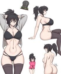 1girls ass black_hair clothed clothed_female coat completely_nude completely_nude_female female female_only full_body law_nashor_art naked naked_female nude nude_female renee_graves solo solo_female the_coffin_of_andrew_and_renee the_coffin_of_andy_and_leyley thighhighs