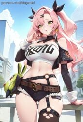 1girl :o ai_generated black_jacket black_shorts cleavage cowboy_shot crop_top cropped_jacket doll fur-trimmed_shorts green_eyes midriff mugenshi nicole_demara o-ring outdoors patreon_username pink_hair reward_available self_upload short_shorts single_thighhigh sky solo standing stuffed_animal sunlight tube_top zenless_zone_zero
