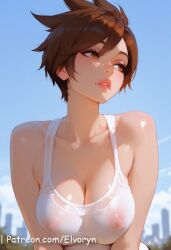 1girls ai_generated areolae ass bare_arms bare_breasts bare_chest bare_shoulders beach blurry_background breasts brown_eyes brown_eyeshadow brown_hair cheeky cheeky_smile covered_pussy elvoryn eyeliner eyeshadow female female_on_cloth female_only freckles hat hip_tilt hips looking_at_viewer medium_ass medium_breasts mole_on_chest navel nipples one_arm_raised one_arm_up open_eyes open_mouth_smile open_smile overwatch overwatch_2 pink_nails pinup pussy round_ass short_hair slim_waist smile smiling solo spiked_hair standing stomach sun_hat syna thighs topless topless_female tracer upper_body wink winking winking_at_viewer