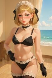 ai_generated blonde_hair earrings frills hair_ribbon maid maid_bikini maid_outfit ocean short_hair stable_diffusion