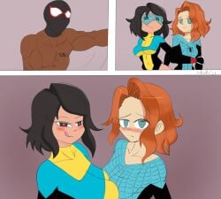 2girls 2girls1boy afri african_male anna-may_parker ass big_ass big_breasts big_butt big_penis breasts champion champions_(marvel) dark-skinned_male female hairy_pussy heroine horny_female large_breasts latino_male light-skinned_female light_skin male marvel marvel_comics miles_morales nerd nude panties penis red_hair sex_machine sexy_body spider-man_(series) spiderling terra_grayson vagina vaginal_masturbation