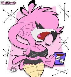 2024 anthro anthro_only avian beak bet_(rude_rabit) beverage big_breasts bird bottomwear bra breasts cleavage closed_eyes clothed clothing coffee coffee_mug container cup digital_media_(artwork) english_text female flamingo flamma hair hair_over_eye hi_res jdone mug navel navel_piercing open_mouth piercing pink_body pink_tail populuxe rude_rabit shorts simple_background solo tail text underwear yawn