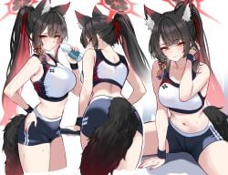 1girls animal_ear_fluff animal_ears ass bare_shoulders blue_archive blush breasts commentary crop_top english_commentary female fox_ears fox_girl fox_tail halo highres large_breasts long_hair looking_at_viewer multicolored_hair multiple_views navel ponytail shigure_s shorts simple_background sitting sleeveless smile sports_bra stomach tail tank_top thighs wakamo_(blue_archive) yellow_eyes
