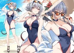 1girls ^_^ alternate_costume alternate_hairstyle arm_up bare_shoulders black_choker blue_archive braid breasts choker cleavage closed_eyes closed_mouth covered_navel demon_girl demon_tail demon_wings female full_body gradient_halo grey_hair hair_between_eyes halo haruna_(blue_archive) highleg highleg_one-piece_swimsuit highres large_breasts long_hair looking_at_viewer multicolored_halo multiple_views one-piece_swimsuit open_clothes open_shirt orange_halo red_halo shigure_s shirt single_braid single_wing smile standing swimsuit tail white_shirt wings