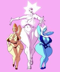 2020 alien big_breasts bikini blonde_hair blue_body blue_diamond_(steven_universe) blue_eyes blue_skin breasts cartoon_network cleavage clothed clothing curvy_figure diamond_(gem) diamond_authority female gem gem_(species) glowing glowing_hair grin group hair hand_on_hip hands_behind_head huge_breasts humanoid larger_female long_hair looking_at_viewer navel nipple_outline pink_background pose simple_background size_difference skimpy slb smaller_female smile steven_universe swimsuit swimwear voluptuous white_body white_diamond_(steven_universe) white_eyes white_hair white_skin wide_hips yellow_diamond_(steven_universe) yellow_eyes