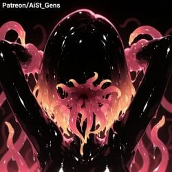 ai_generated aist_ animal_genitalia_on_humanoid ass balls black_body black_hair black_skin cum cum_drip cum_in_ass cum_in_mouth faceless futanari glowing_egg glowing_hair high_heels horsecock horsecock_on_humanoid intersex no_eyes original penis red_penis red_tentacles tentacle tentacle_rape tentacle_sex testicles