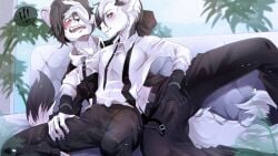 16:9 anthro anthro_on_anthro black_body black_bottomwear black_clothing black_fur black_hair black_necktie black_pants blush bottomwear brown_eyes bulge_grab clothed clothing cobu duo erection erection_under_clothing floppy_ears fur furniture hair male male/male necktie on_sofa open_mouth pants red_eyes sofa topwear white_body white_clothing white_fur white_hair white_topwear widescreen
