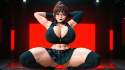 1girls 3d 3d_(artwork) abs ai ai_generated armpits arms_up armwarmer armwarmers armwear belt big_breasts black_lips black_lipstick brown_hair brown_hair busty cleavage crop_top cropped_jacket glasses gloves goth goth_girl highres low-angle_view madz(oc) muscular_female perfect_body pleated_skirt preview radnsad red_eyes short_skirt skirt squat squatting sweat sweatdrop sweating sweaty sweaty_body thick_legs thick_thighs thighhighs viewed_from_below wallpaper