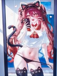 1girls :d absurd_res ai_generated alternate_costume animal_ear_hairband animal_ear_legwear animal_ears ascot ass_visible_through_thighs bare_shoulders bed bedroom black_hairband black_nails black_panties black_ribbon black_tail black_thighhighs blush breasts bright_pupils brown_hair cat_ear_legwear cat_ears cat_girl cat_tail cellphone choker cleavage collar collarbone colored_tips contemporary contrapposto cowboy_shot crop_top crop_top_overhang cropped_shirt curtains detached_collar fake_animal_ears fake_tail female female_only female_pov fingernails flower-shaped_pupils genshin_impact gradient_hair groin hair_between_eyes hair_ornament hair_ribbon hairband hand_up headband heart heart-shaped_pupils holding holding_phone hu_tao_(genshin_impact) indoors iphone kemonomimi_mode light-skinned_female long_fingernails long_hair looking_at_viewer medium_breasts midriff ministro mirror multicolored_hair nail_polish navel no_headwear no_pants off-shoulder_dress off-shoulder_shirt off_shoulder open_mouth panties panty_lift panty_pull paw_print phone picture_frame pov pulled_by_self red_ascot red_choker red_collar red_eyes red_hair reflection reflective_floor ribbon selfie shirt short_sleeves sidelocks skindentation small_breasts smartphone smartphone_case smile solo standing stomach strap_pull string_panties symbol-shaped_pupils tail tail_raised taking_picture tassel teeth thighhighs thighs twintails underwear upper_teeth_only very_long_hair whisker_markings whiskers white_pupils white_shirt window