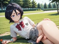 ai_generated anime ass big_dick big_penis black_hair bleach clothes fat_ass femboy gay genitals hair highres hips hips_wider_than_shoulders japanese kuchiki_rukia long_hair lying lying_on_side male male_only massive_penis outside partially_clothed penis pose posing public purple_eyes rule_63 school_uniform short slim_waist solo solo_focus solo_male trap twink uncensored userzon waist white_skin yaoi