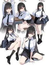1girls absurdres alternate_costume arms_up black_bag black_hair black_necktie black_shoes black_skirt black_socks blue_archive breast_pocket breasts chair closed_eyes closed_mouth collared_shirt desk female full_body hair_ornament hairclip halo hand_up highres large_breasts long_hair looking_at_viewer miniskirt multiple_views necktie open_mouth pleated_skirt pocket red_eyes rio_(blue_archive) school_uniform shigure_s shirt shirt_tucked_in shoes simple_background sitting skirt smile socks thighs white_background white_shirt
