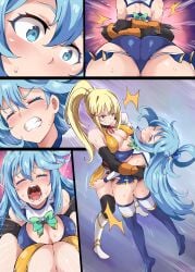 2girls aqua_(konosuba) ass ass_focus bearhug blonde_female blonde_hair blue_eyes blue_hair breasts breasts_pressed_against_partner catfight clenched_teeth co_ma darkness_(konosuba) kineluchs kono_subarashii_sekai_ni_shukufuku_wo! long_hair moaning panels tagme wrestler wrestling wrestling_femdom wrestling_ring wrestlingryona yuri