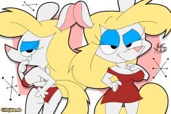 2024 4_fingers animaniacs anthro artist_logo ass biped blonde_hair blue_eyeshadow bra breasts cleavage closed_smile clothed clothed_anthro clothed_female clothing digital_media_(artwork) dress eyelashes eyeshadow female fingers fully_clothed fully_clothed_anthro fully_clothed_female grin hair hand_on_butt hand_on_hip hand_on_own_butt hand_on_own_hip hi_res jdone logo long_hair looking_back makeup mammal minerva_mink mink mouth_closed mustelid musteline panties pink_nose populuxe simple_background smile solo tail toony true_musteline underwear warner_brothers white_body yellow_tail