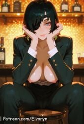 abs ai_generated alternate_muscle_size ass_visible_through_thighs between_breasts black_hair black_jacket black_necktie blue_eye blush bottomless bowlegged_pose breasts chainsaw_man collared_shirt day elvoryn eyepatch female formal green_eyes himeno_(chainsaw_man) holding holding_weapon huge_breasts indoors jacket large_breasts long_sleeves looking_at_viewer muscles muscular muscular_female navel necktie necktie_between_breasts nipples no_bra obliques ocean one_eye_covered open_clothes open_jacket open_shirt parted_lips pussy shirt short_hair sitting sky solo spread_legs stomach suit sweat thick_thighs thighs toned uncensored weapon white_shirt window