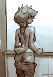 absurd_res anthro ass balcony bottomwear bottomwear_around_legs bottomwear_down breasts bubble_butt clothed clothing clothing_around_legs denim denim_bottomwear denim_clothing female hair hi_res humanoid_hands jeans looking_at_viewer looking_back looking_back_at_viewer looking_outside monochrome outside panties pants pants_around_legs pants_down panzery25 partially_clothed ponytail rear_view short_tail side_boob simple_background small_tail solo standing tail topless underwear white_background