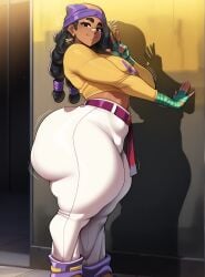 1girl 1girls ai_generated band-aid beanie belt big_ass big_ass_(female) black_hair brawl_stars dark-skinned_female dark_skin dreadlocks female female_focus female_only hat humongous_ass hyper_ass looking_at_viewer midriff mina_(brawl_stars) mrnails pants shirt simple_background solo solo_female thick_thighs tight_clothing