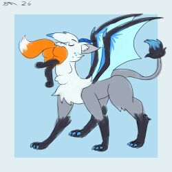 1:1 abstract_background absurd_res brush_tail canid canine dirtymac dragon eyes_closed feral feral_on_feral feral_pred fox fur furred_dragon furred_scalie grey_body grey_fur hi_res horn larger_pred male mammal mythological_creature mythological_scalie mythology scalie size_difference swallowing vore white_body white_fur