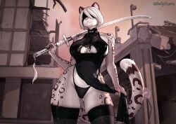 borkysleeve very_high_resolution nier:_automata yorha_2b 1girls female female_only solo detailed_background anthro anthrofied pantherine feline snow_leopard white_hair blindfold mole mole_under_mouth sword katana weapon_over_shoulder pawpads wide_hips fur furry spotted_fur tail thick_thighs big_breasts large_breasts cleavage_cutout g-string stockings dress black_dress sleeveless_dress
