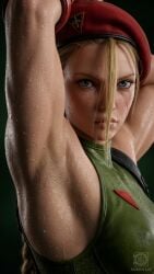 3d ai ai_generated arm_above_head armpits arms_up athletic athletic_female aveen_lie blonde_hair blue_eyes blue_eyes_female braids cammy_white cammy_white_(street_fighter_6) capcom cinematic_lighting combat_boots fit fit_female game_character high_leg_leotard highres hyperrealistic leotard long_hair long_hair_female looking_at_viewer muscular photorealistic red_gauntlets scar_on_face street_fighter street_fighter_6 sweat sweatdrop sweaty underarm wet_body wet_skin