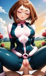 boku_no_hero_academia my_hero_academia uraraka_ochako ochako_uraraka 1girls petite petite_body petite_female medium_breasts large_breasts narrow_waist wide_hips hourglass_figure long_eyelashes eyelashes eyebrows eyeshadow eyes_closed eyeliner lipstick mascara makeup shiny_skin brown_hair brown_eyes 1boy 1boy1girl anal anal_sex anal_penetration blue_bodysuit blush_stickers bodysuit closed_eyes cowgirl_position cum cum_in_ass female female_penetrated male male/female male_penetrating_female flower lips outdoors parted_lips penis penis_in_ass pov pussy rose sex skin_tight sky solo_focus spread_legs squatting squatting_cowgirl_position straddling straight superheroine superhero veins veiny_penis realistic ai_generated ai_assisted hi_res waifufamily